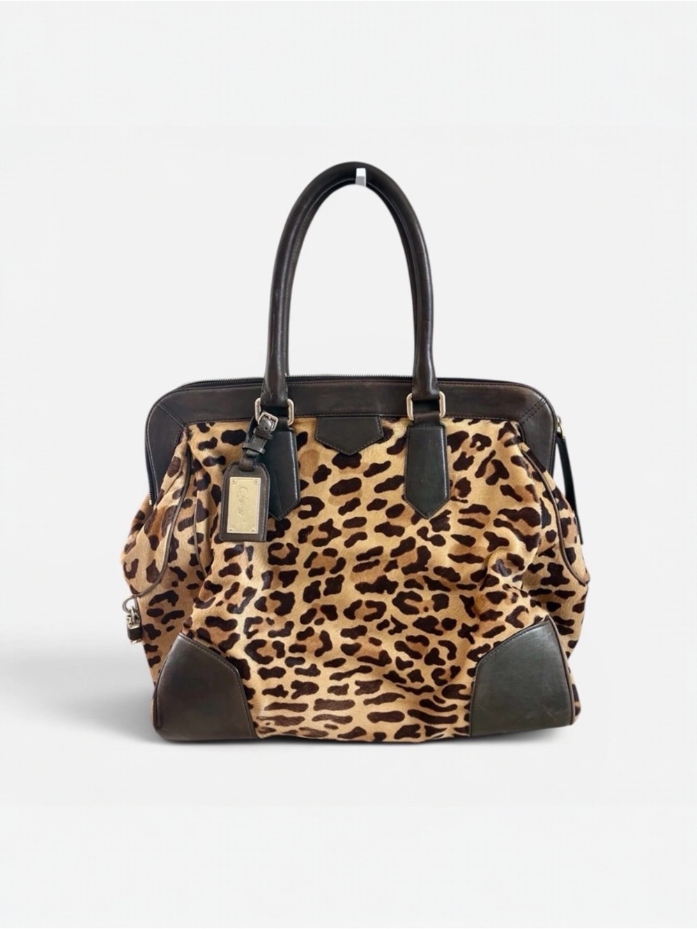 Bally Leopard Print Pony Hair Leather Satchel Bag Large Vintage Italy